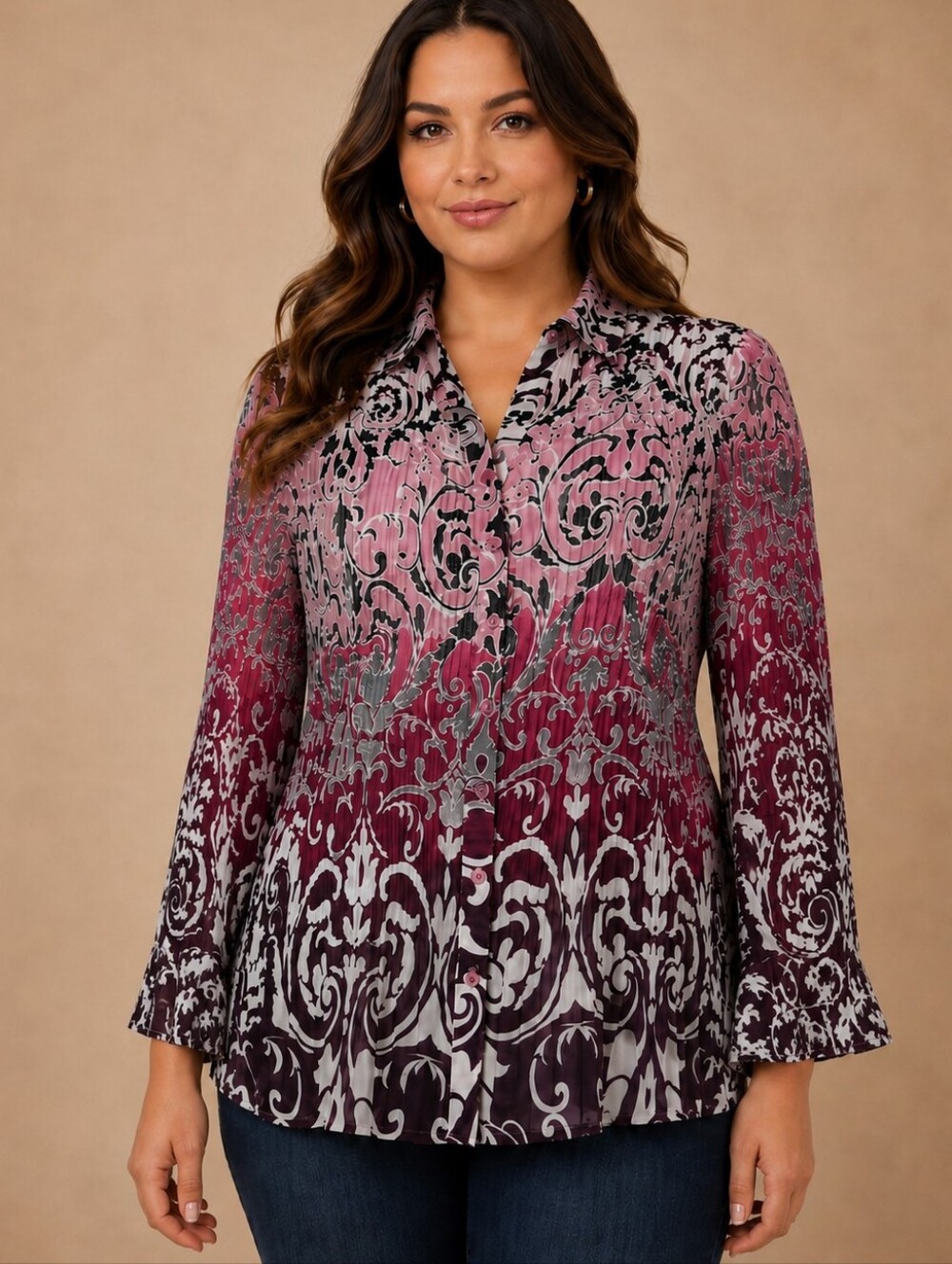 Women's Size 2X Flare Sleeve Ombre Button Up Blouse Western Rodeo Whimsy